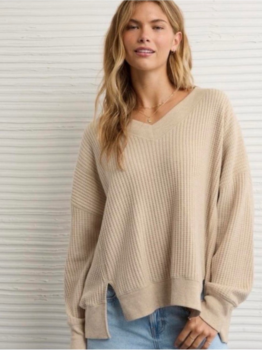 aerie Beige V-Neck Oversized Waffle Pullover